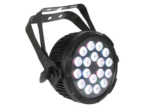 FOCO PAR PROFESIONAL CON LEDs - NEGRO - SOPORTE DOBLE - 18 LEDs TRICOLORES DE 3W - Imagen 1