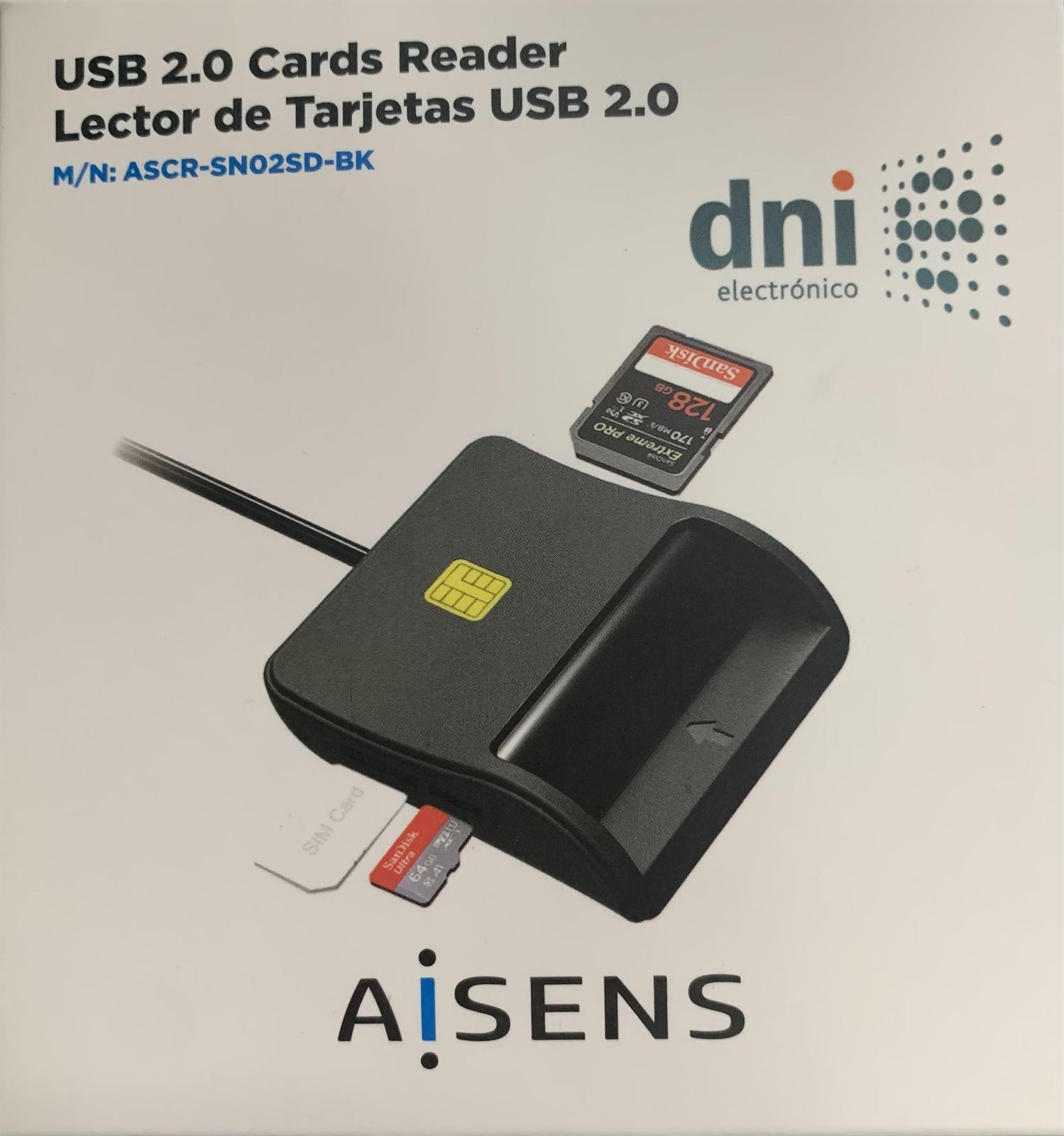 LECTOR DE DNI USB TIPO M-C AISENS ASCR-SN03C-BK - Imagen 1